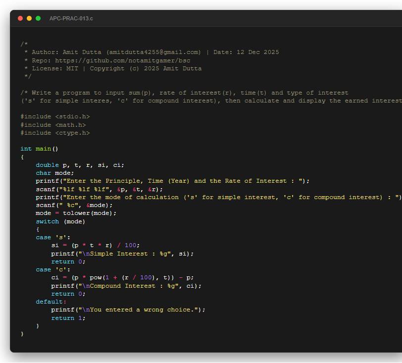 Write a program to input sum(p), rate of interest(r), time(t) and type of interest ('s' for simple interes, 'c' for compound interest), then calculate and display the earned interest